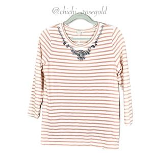 J. Crew Striped Jewel Neckline 3/4 Sleeve Blouse